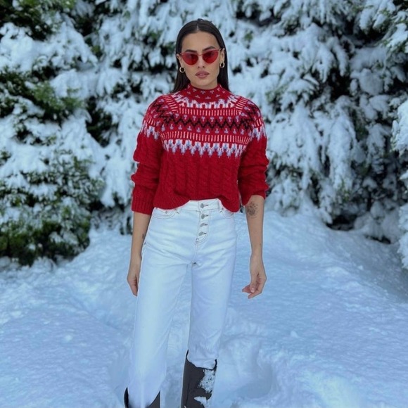 ZARA WOOL CABLE KNIT JACQUARD SWEATER RED - Picture 3 of 15